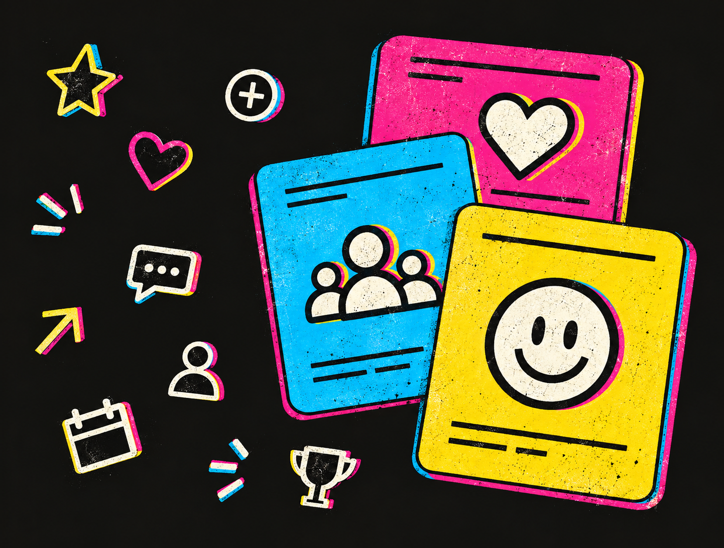 Textured cyan, magenta, and yellow icon cards featuring people, a heart, and a smiley face on black