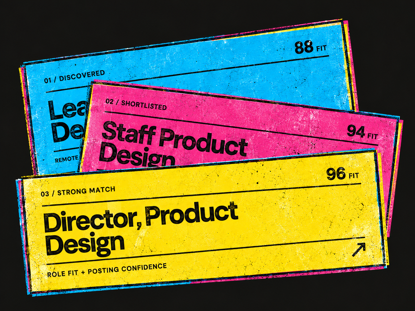 Textured cyan, magenta, and yellow ranked job cards layered on a black background