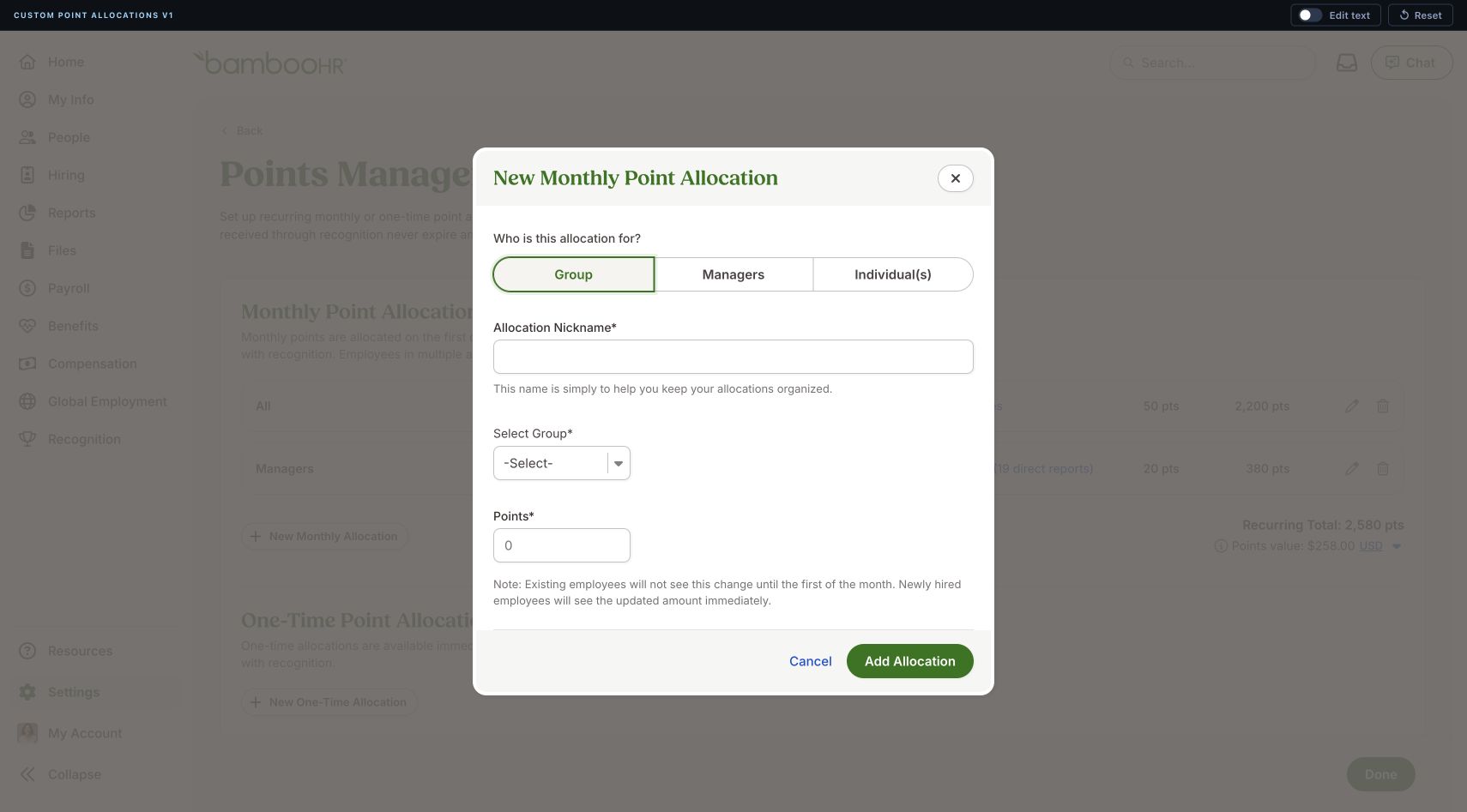 New monthly point allocation dialog with group, manager, and individual audience options