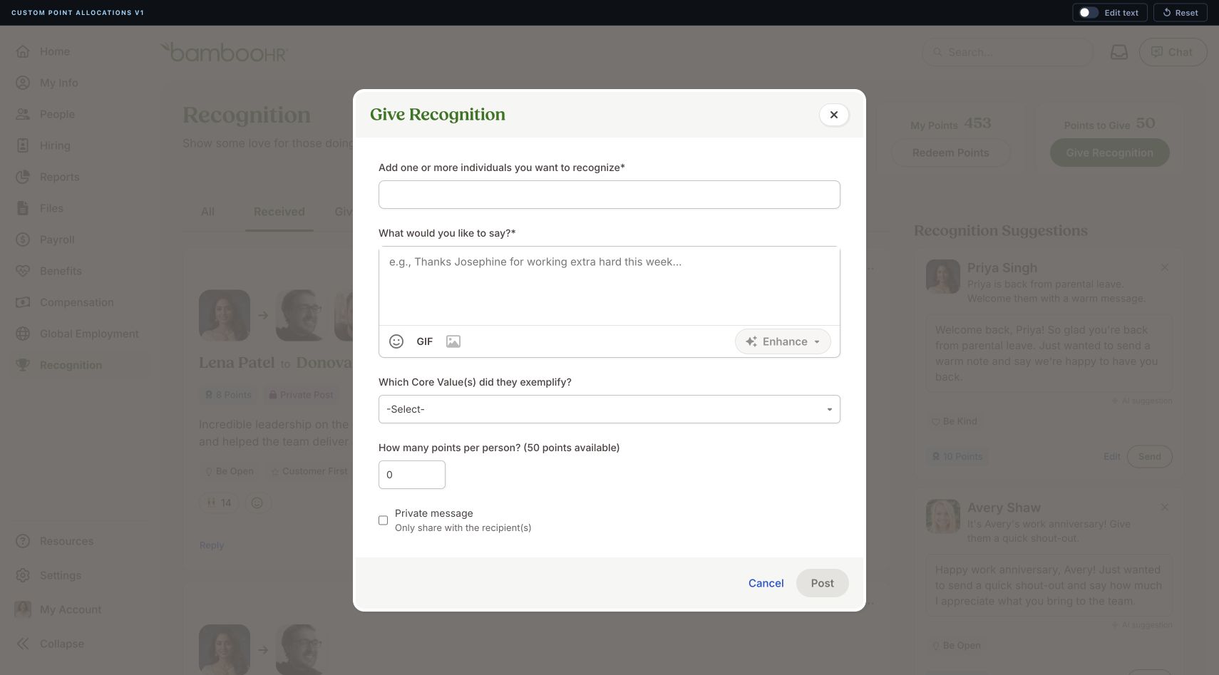Give Recognition dialog over the employee recognition feed