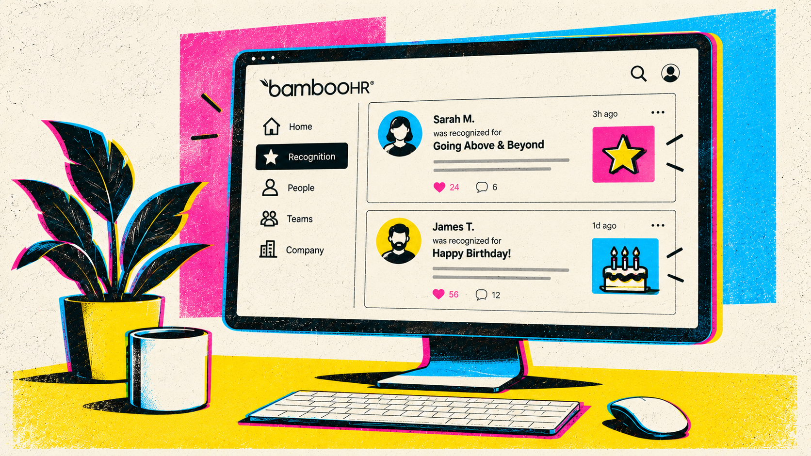 Illustrated BambooHR Recognition feed displayed on a desktop monitor