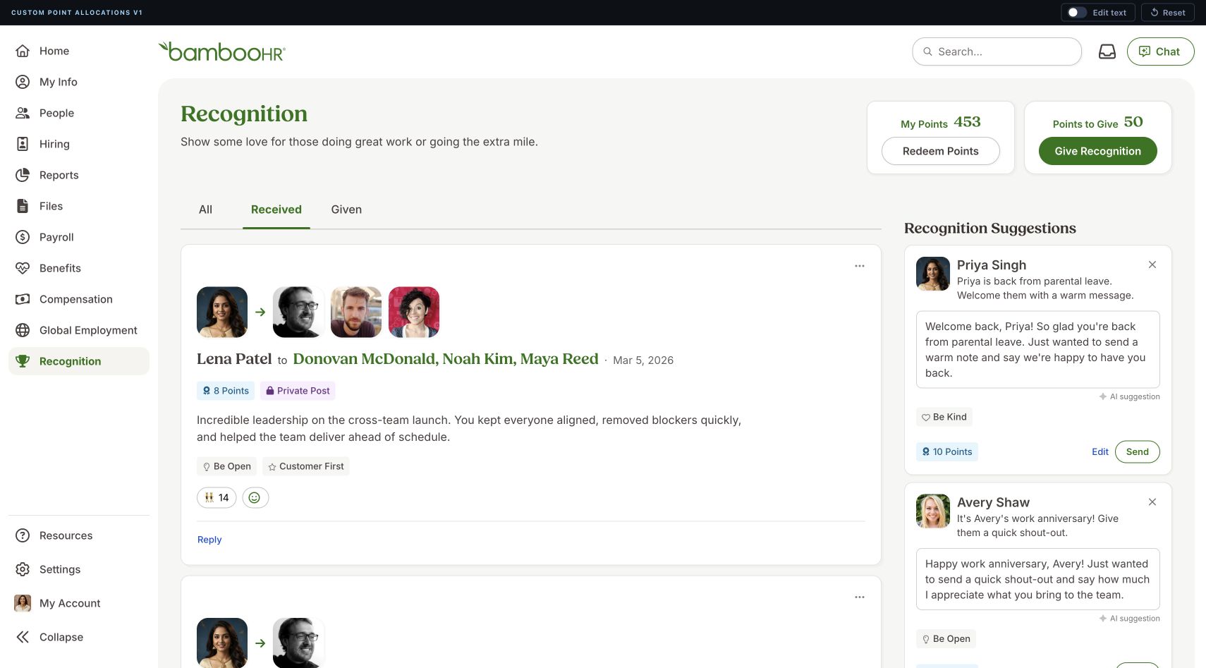 Recognition feed with posts, reactions, point balances, and contextual AI suggestions