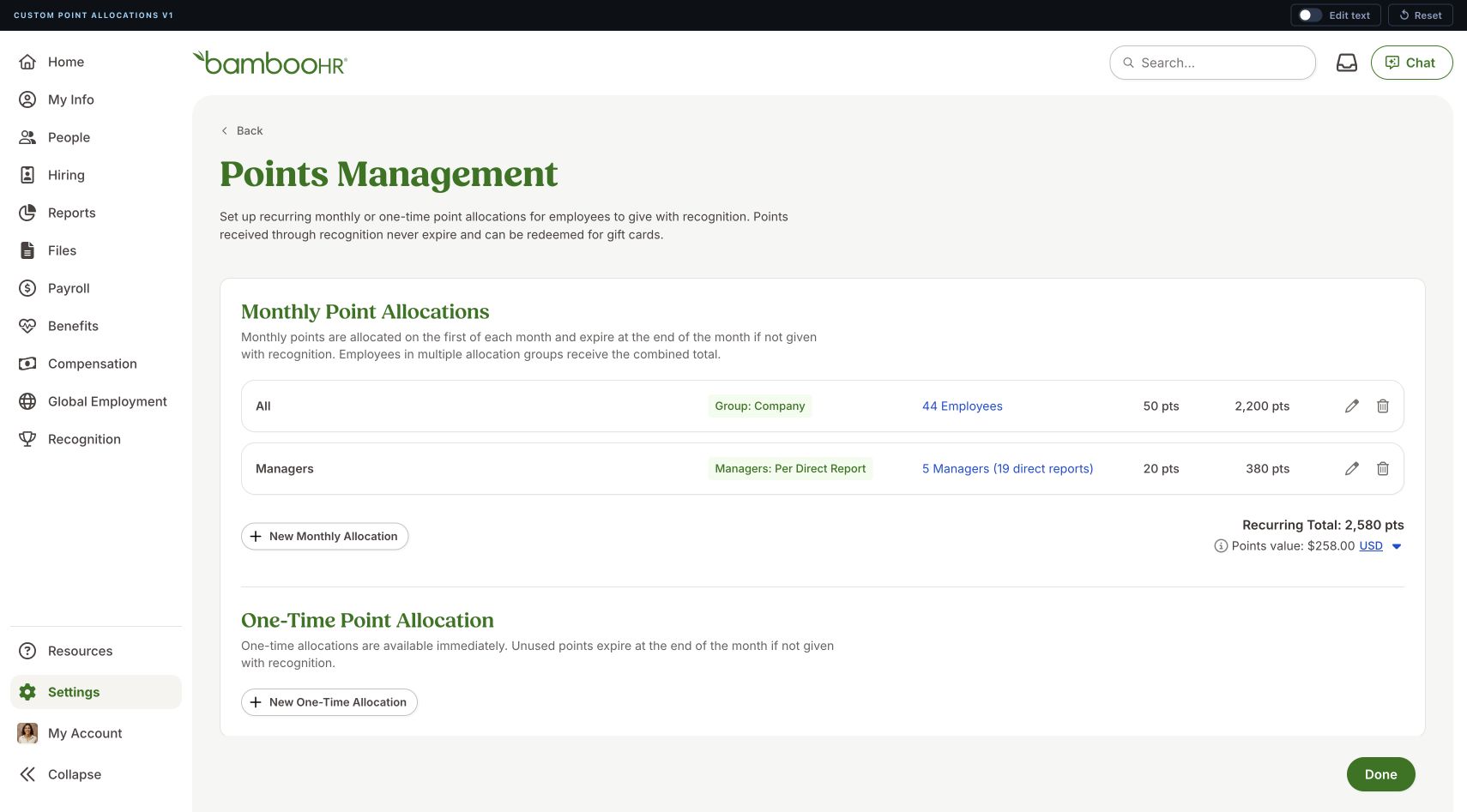 Points Management page showing monthly allocation groups and recurring totals