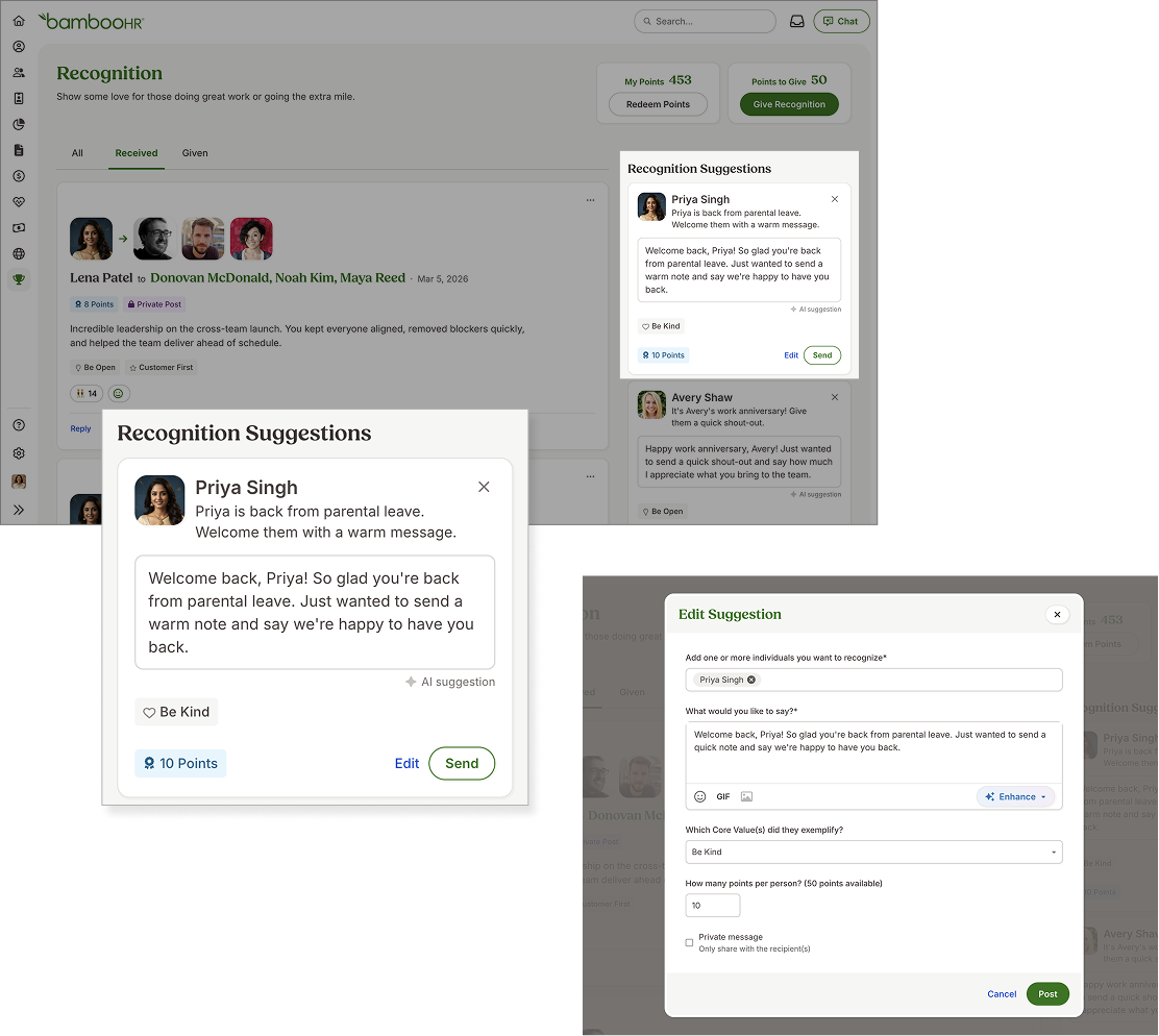 BambooHR Recognition feed, suggestions, and edit dialog