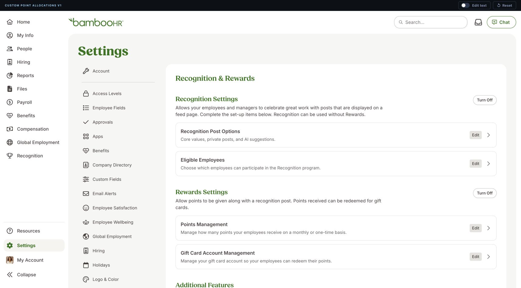 Recognition and Rewards settings organized into recognition, rewards, and optional features
