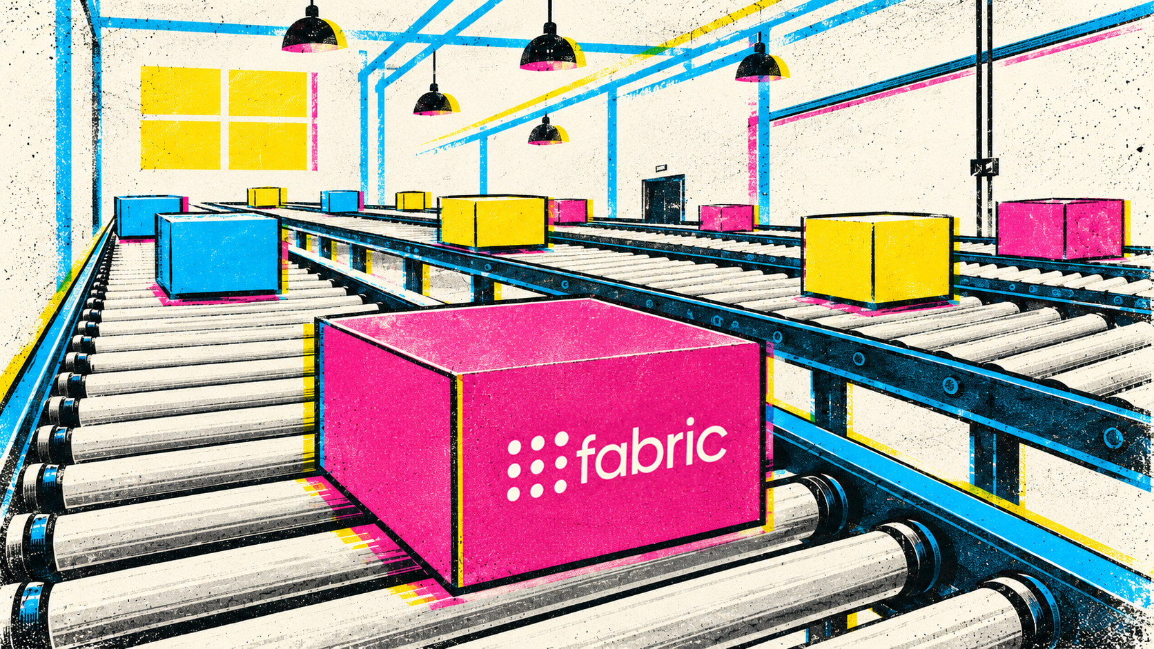Illustrated Fabric-branded packages moving through a fulfillment center