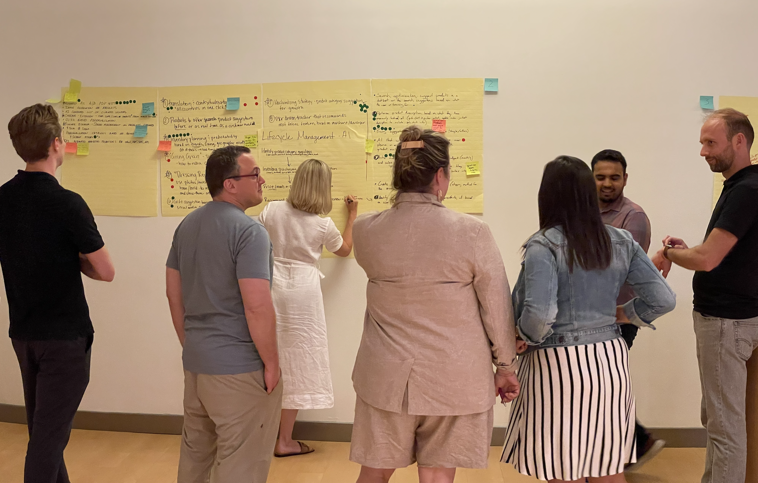 A cross-functional team working through AI opportunities during an off-site workshop