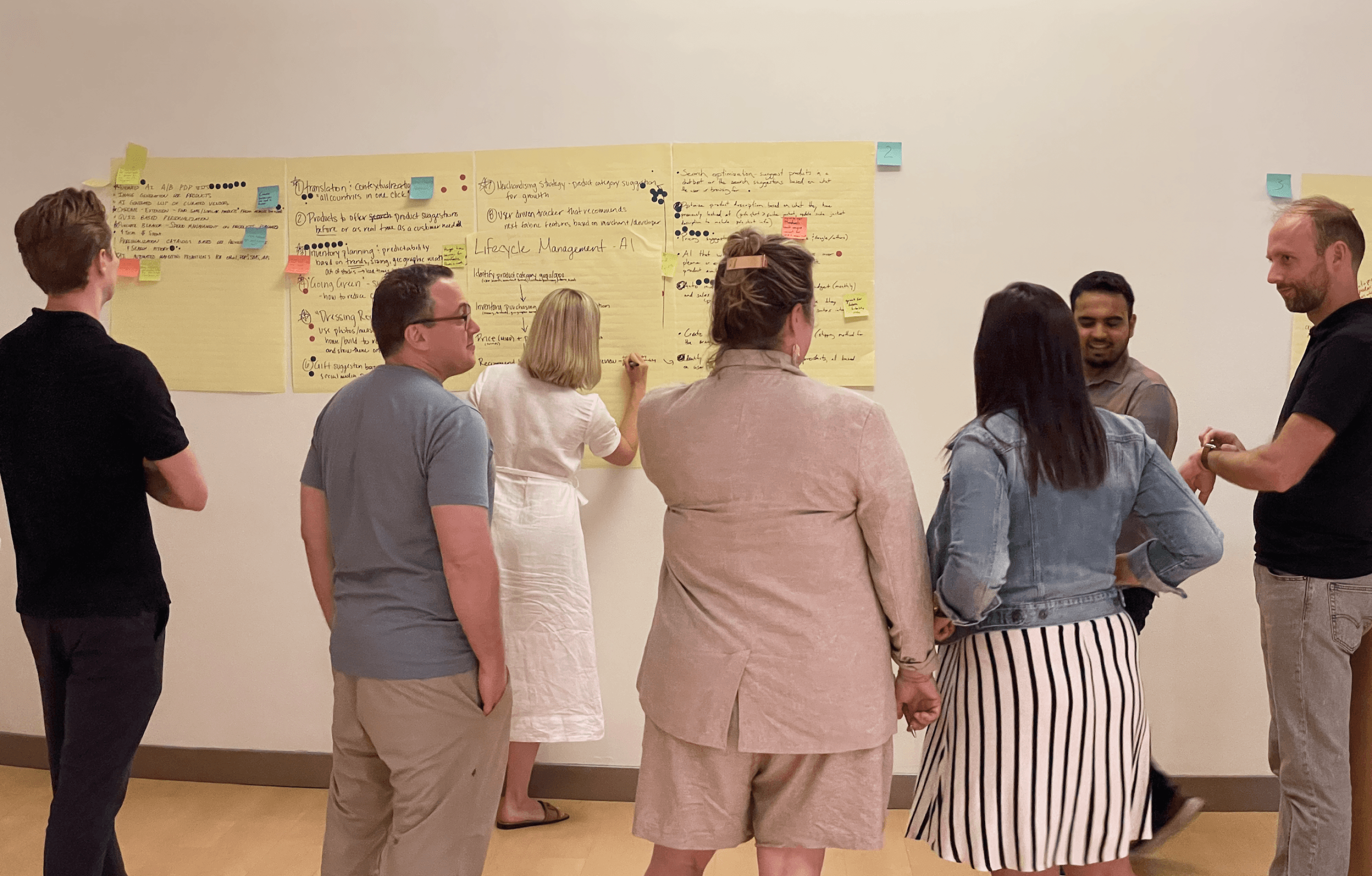 A cross-functional team working through AI opportunities on a wall