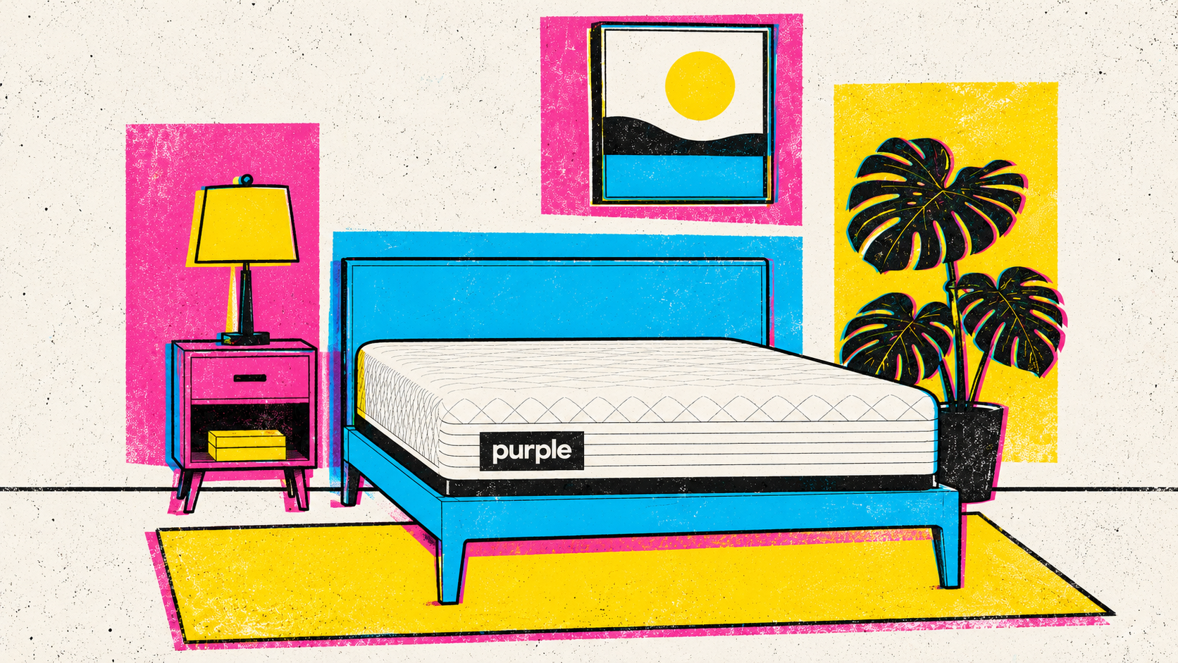 Illustrated Purple mattress in a colorful bedroom